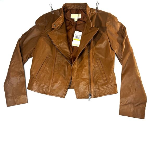 MRSP $250 New Michael Kors Real Lamb Leather Short Jacket Brown Size Medium - Picture 9 of 15